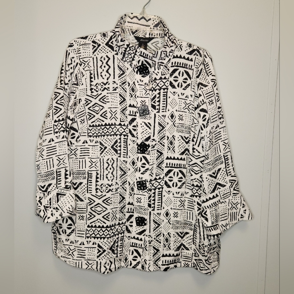 Ali Miles Womens Black & White Shiny Tribal Button-Up Top Size Large